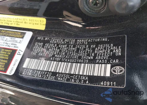 2016 Toyota Camry Se z USA, uszkodzony, nr VIN 4T1BF1FK4GU218639